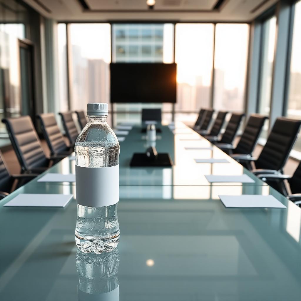 Branded bottled water in a corporate boardroom