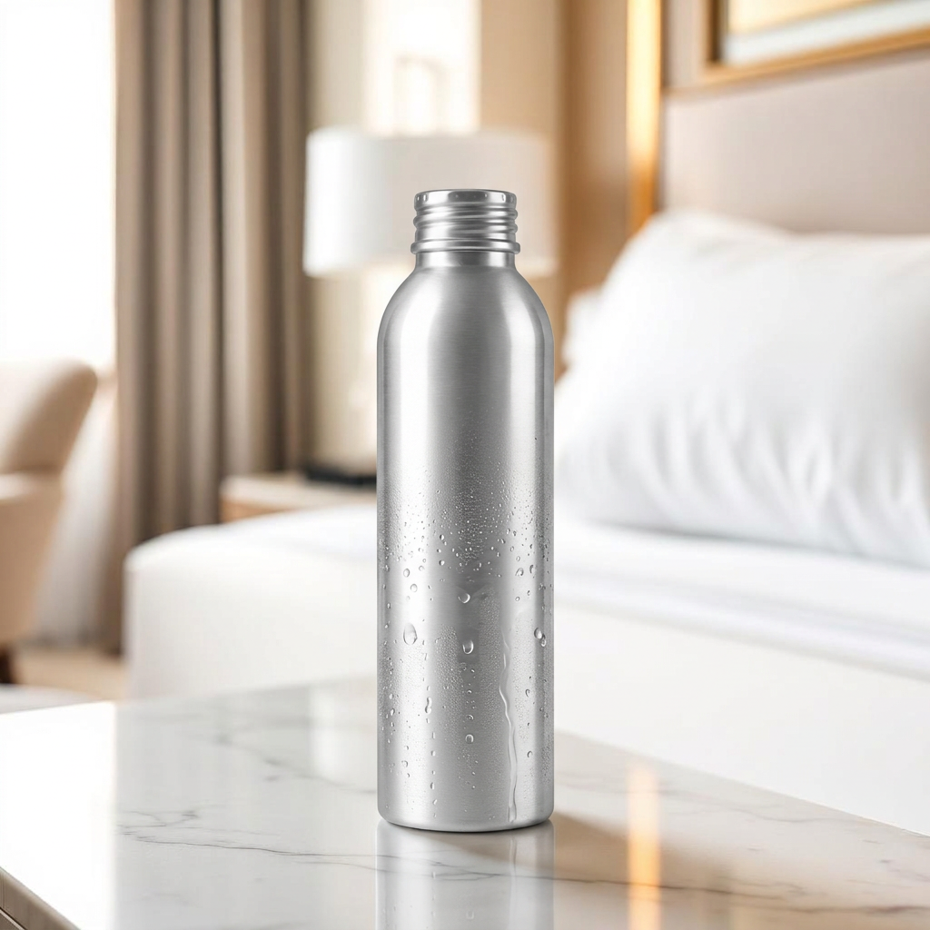 Branded bottled water in a hotel guest room
